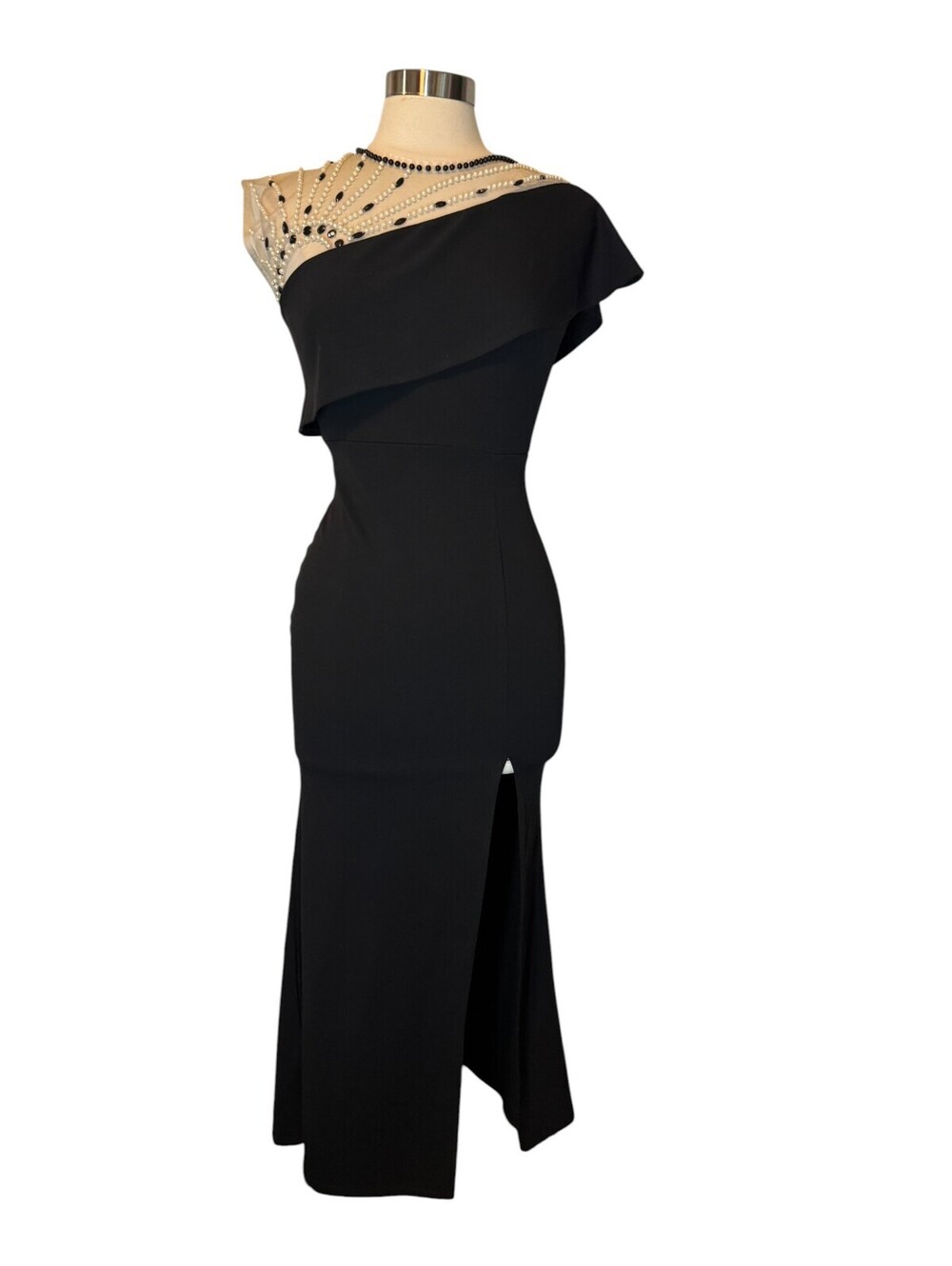 Zara Basic Black Beaded Sheer Illusion Asymmetric Formal Maxi Dress Small